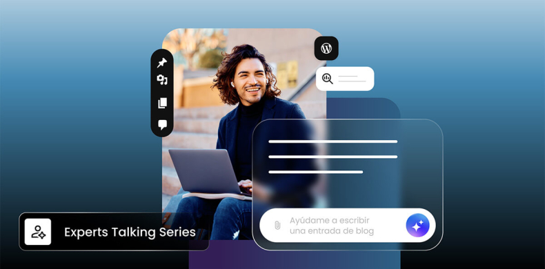 Ilustración de un autonomo trabajando en su laptop con iconos de WordPress e IA