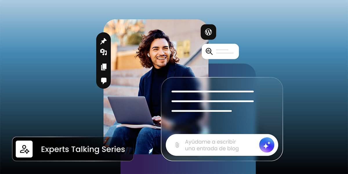 Ilustración de un autonomo trabajando en su laptop con iconos de WordPress e IA