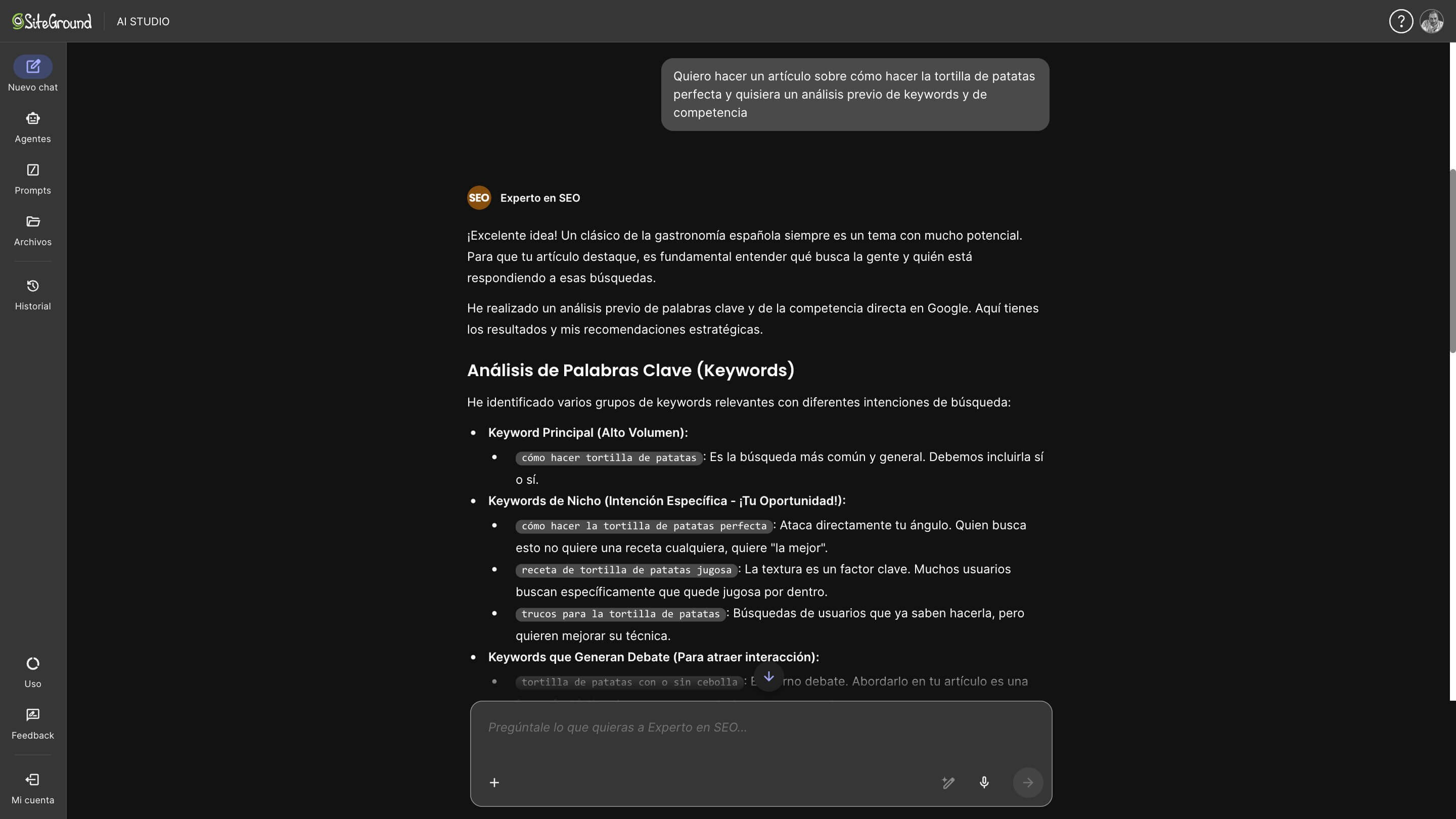 captura de pantalla del agente experto SEO de SiteGround AI Studio