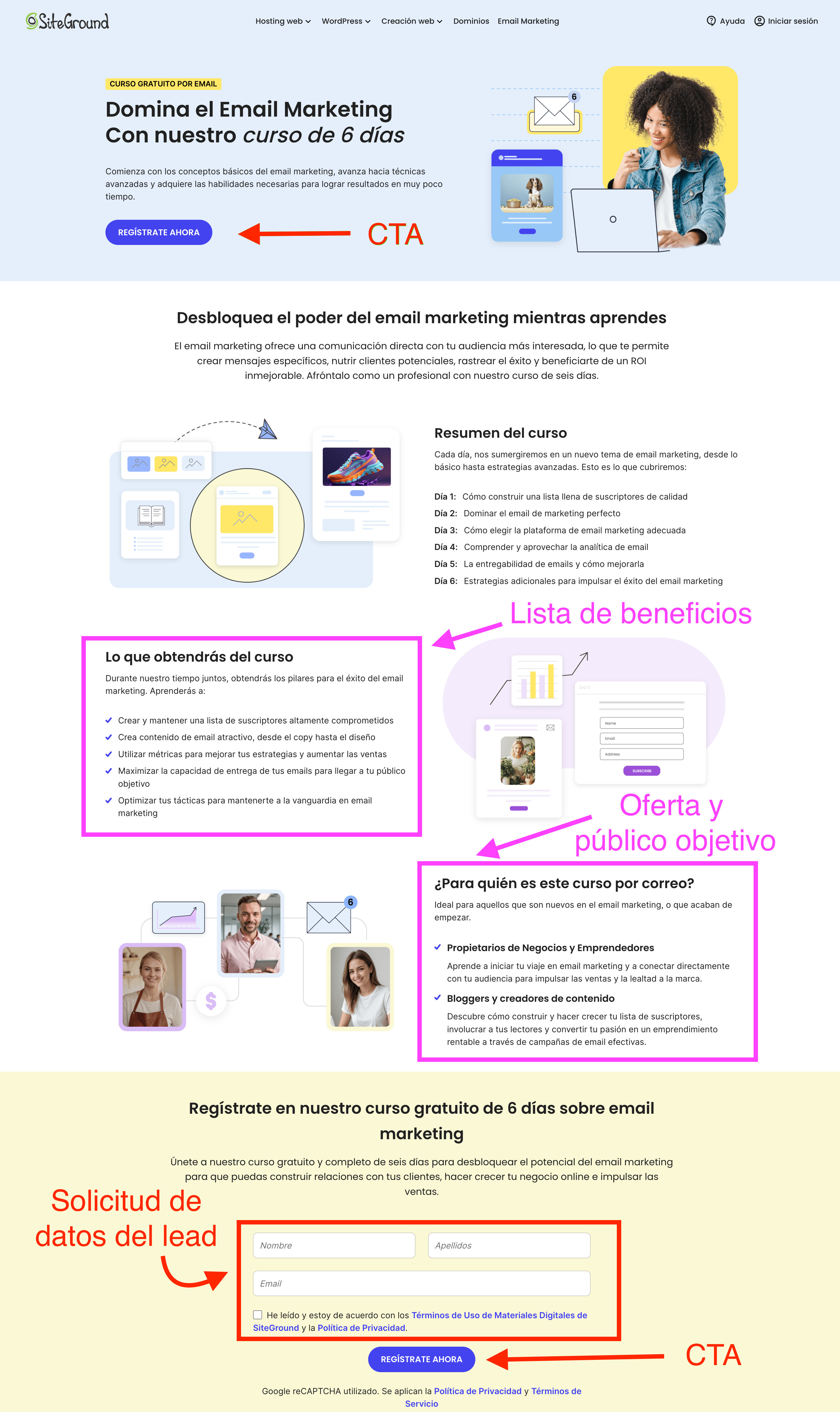 Captura de pantalla con señalizaciones de las partes de una landing page