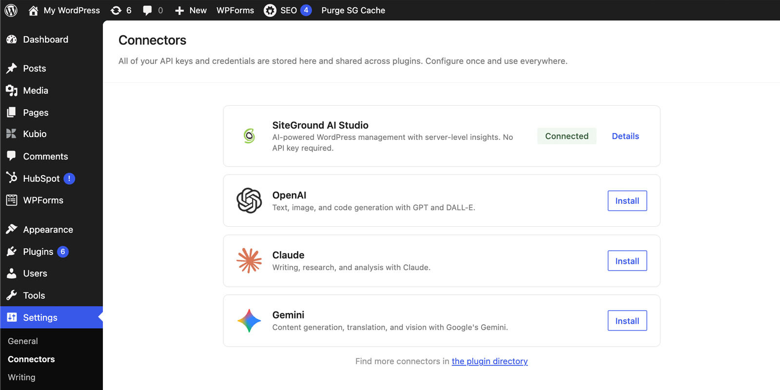 Captura de los conectores en WordPress