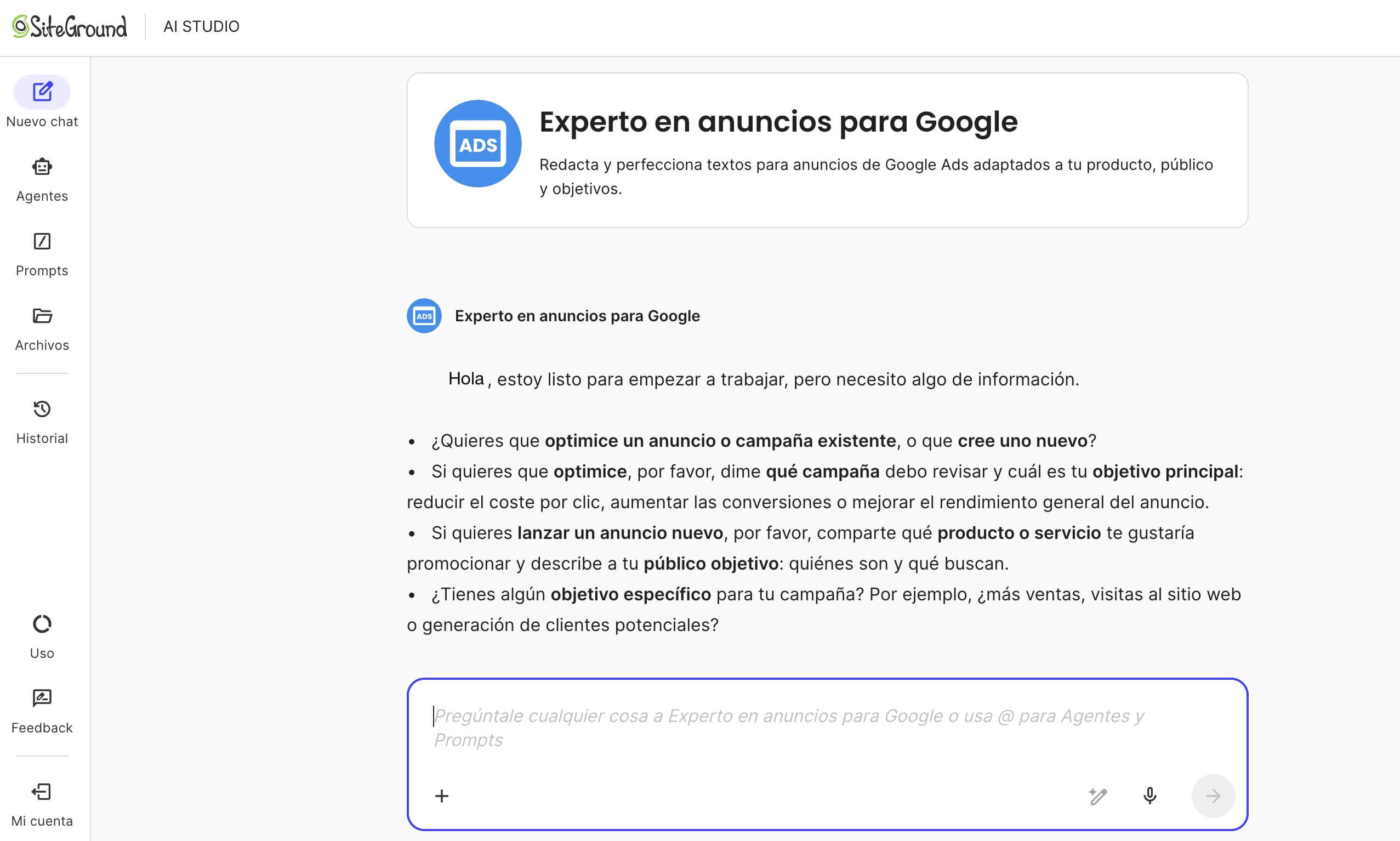 captura de pantalla del agente de anuncios para Google de AI Studio