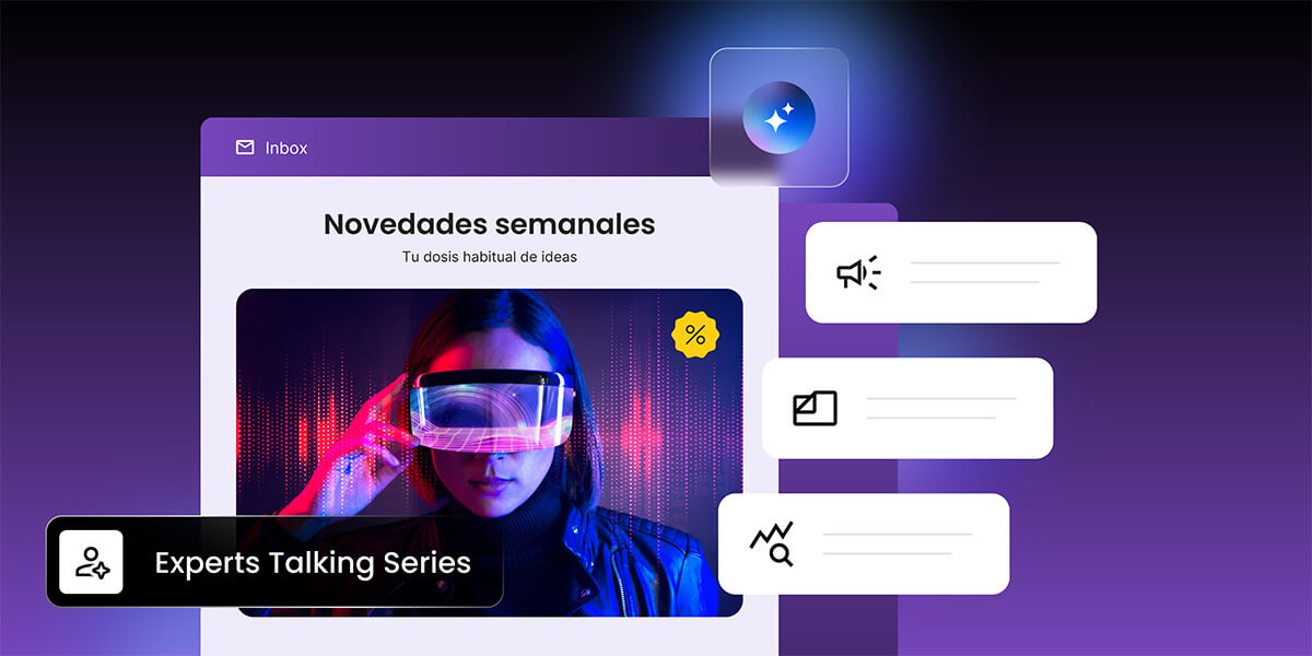 Ilustración abstracta de anuncios con iconos de agentes de IA a su alrededor