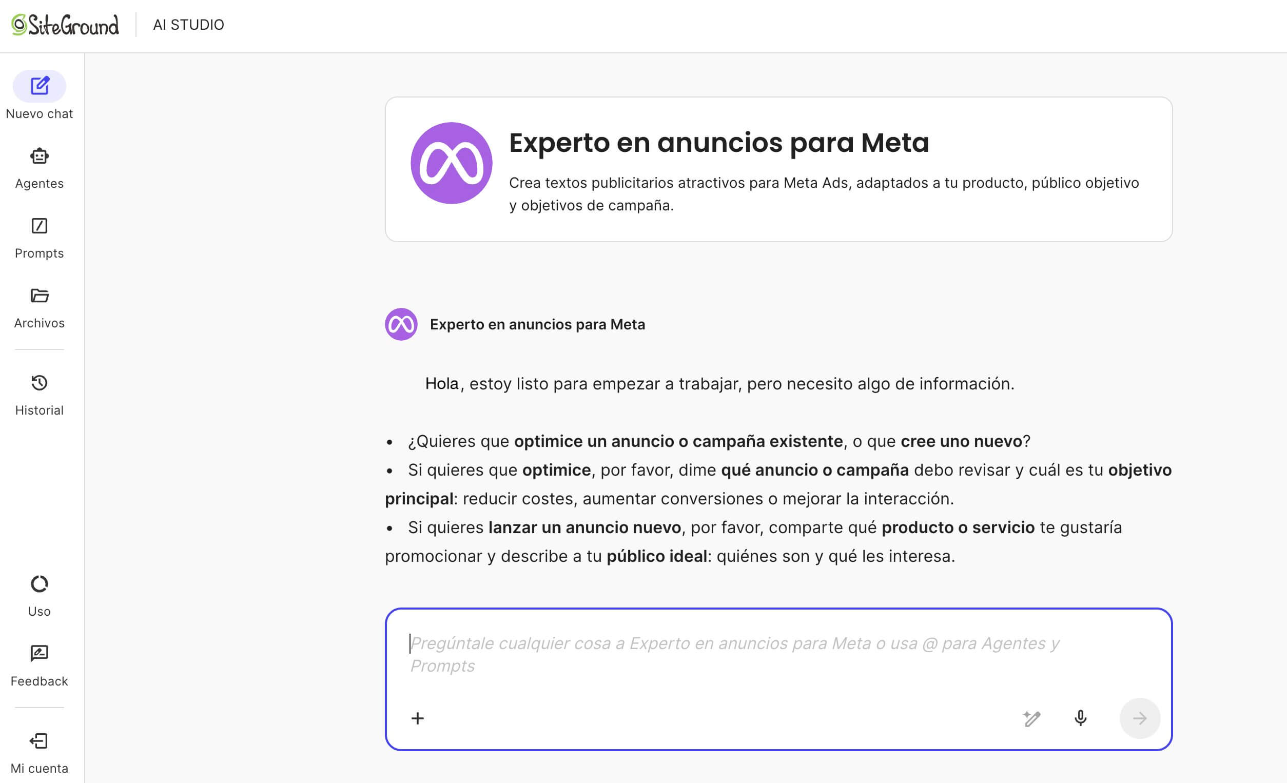 captura de pantalla del agente de anuncios para Meta de AI Studio
