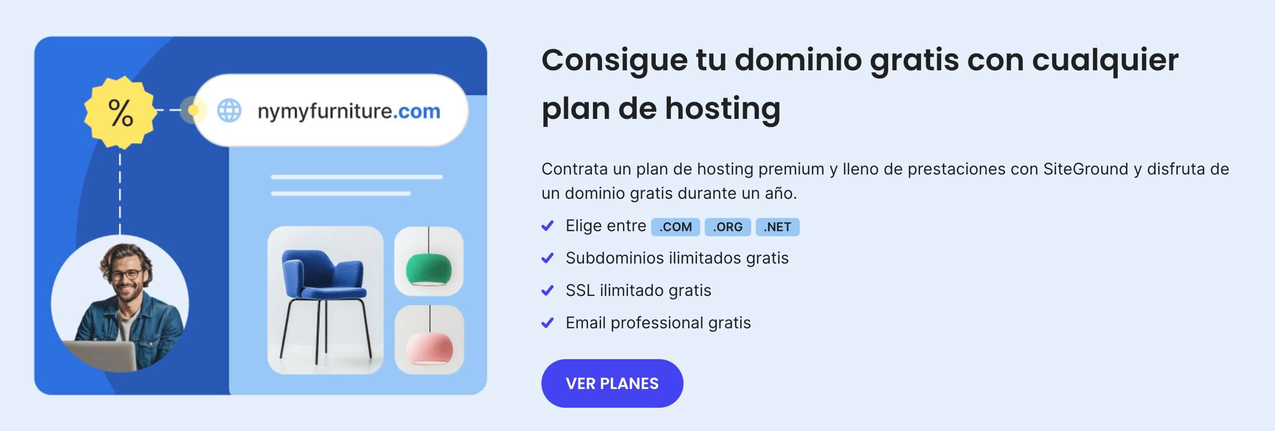 imagen promocional para los dominios SiteGround. la CTA invita a ver los planes