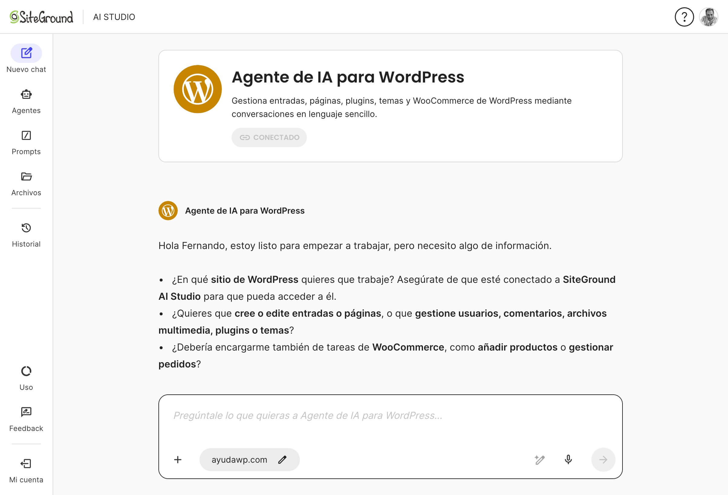 captura de pantalla del agente para WordPress en SiteGround AI Studio