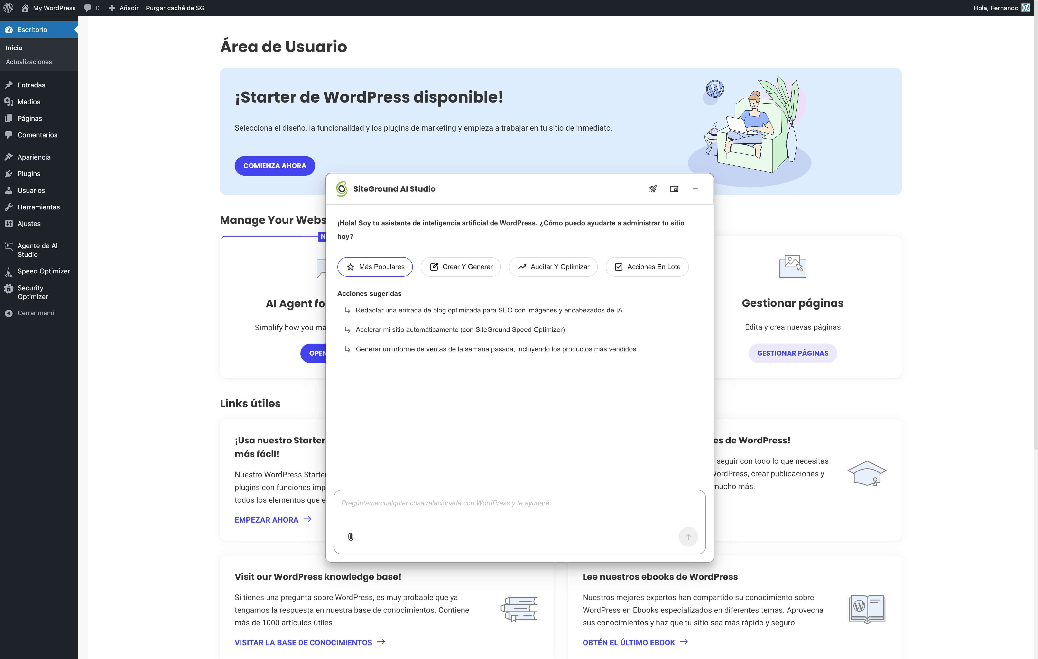 captura de pantalla del plugin de SiteGround AI Studio en WordPress