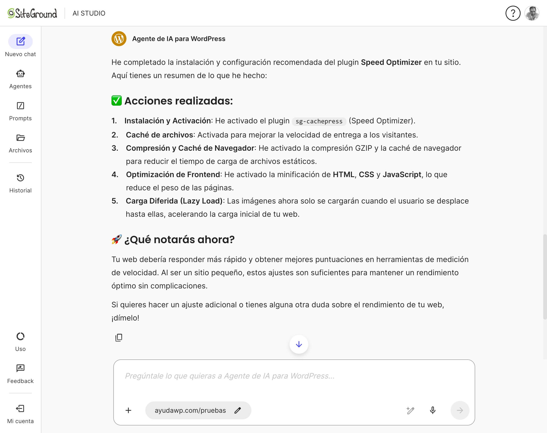 captura de pantalla del chat de SiteGround AI Studio haciendo un resumen de las acciones realizadas