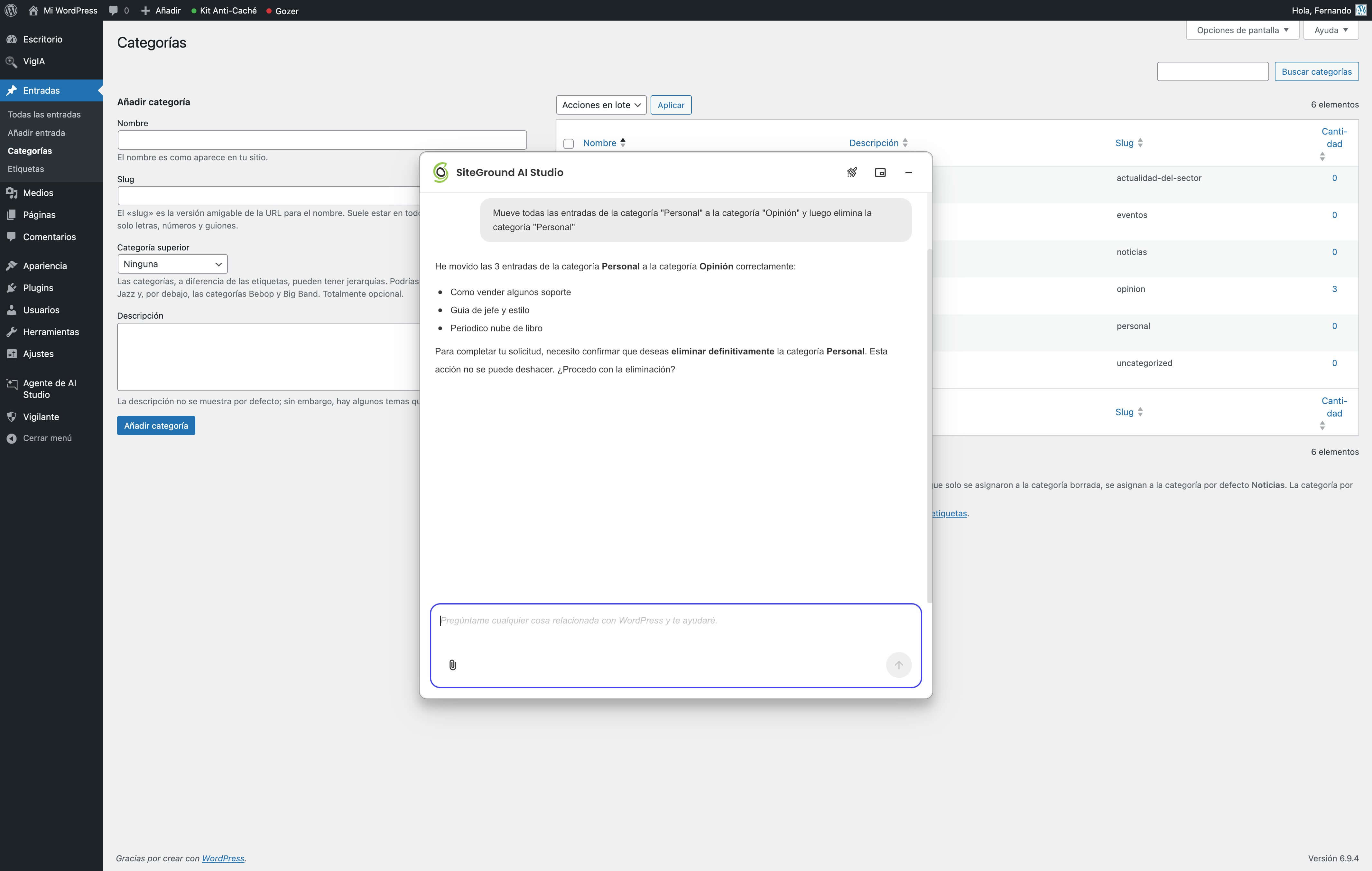 captura de pantalla del plugin SiteGround AI Studio cambiando y eliminando categorías en WordPress