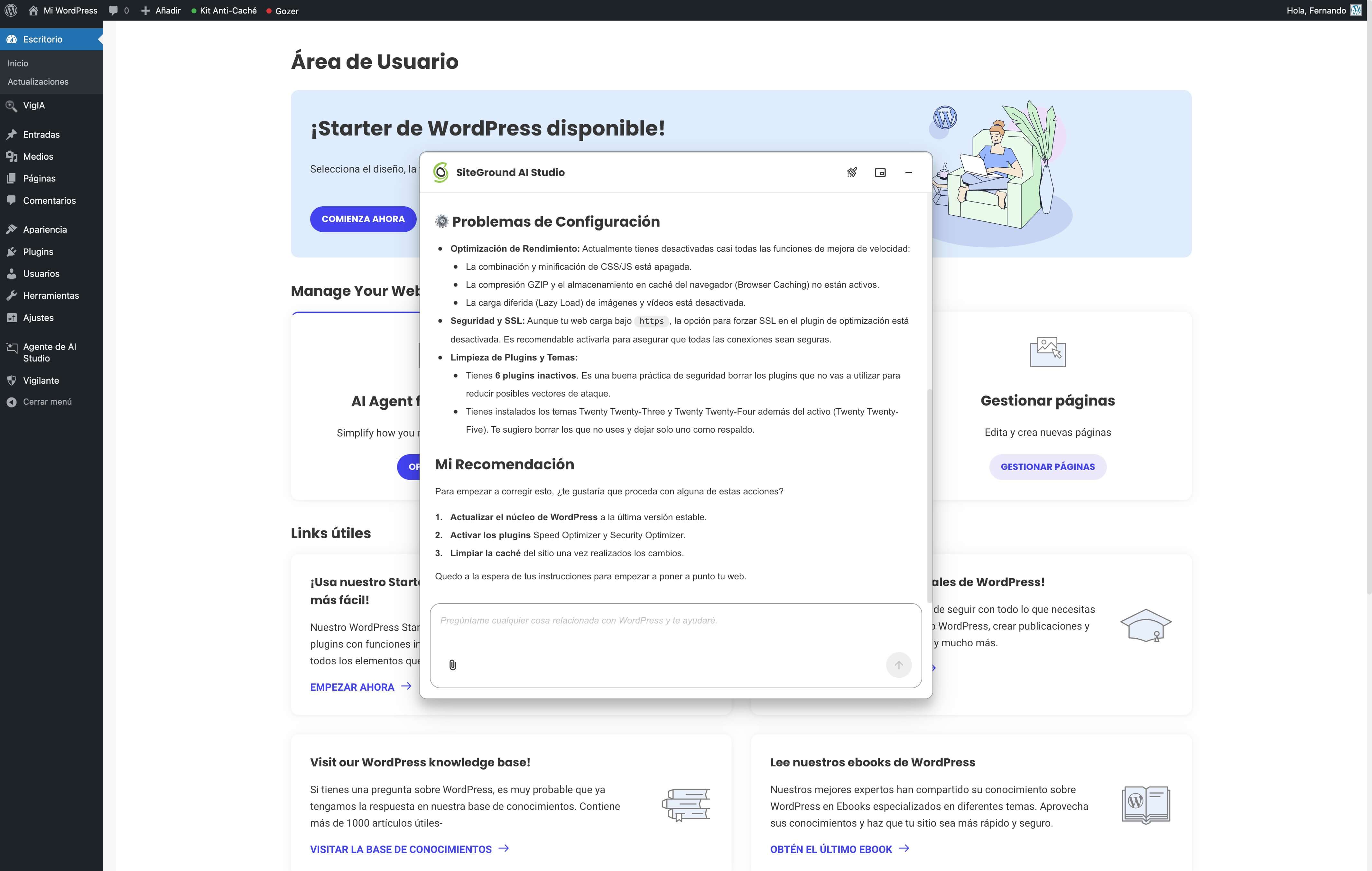 captura de pantalla del plugin del agente para WordPress de AI Studio mostrando el diagnostico del sitio desde el chat