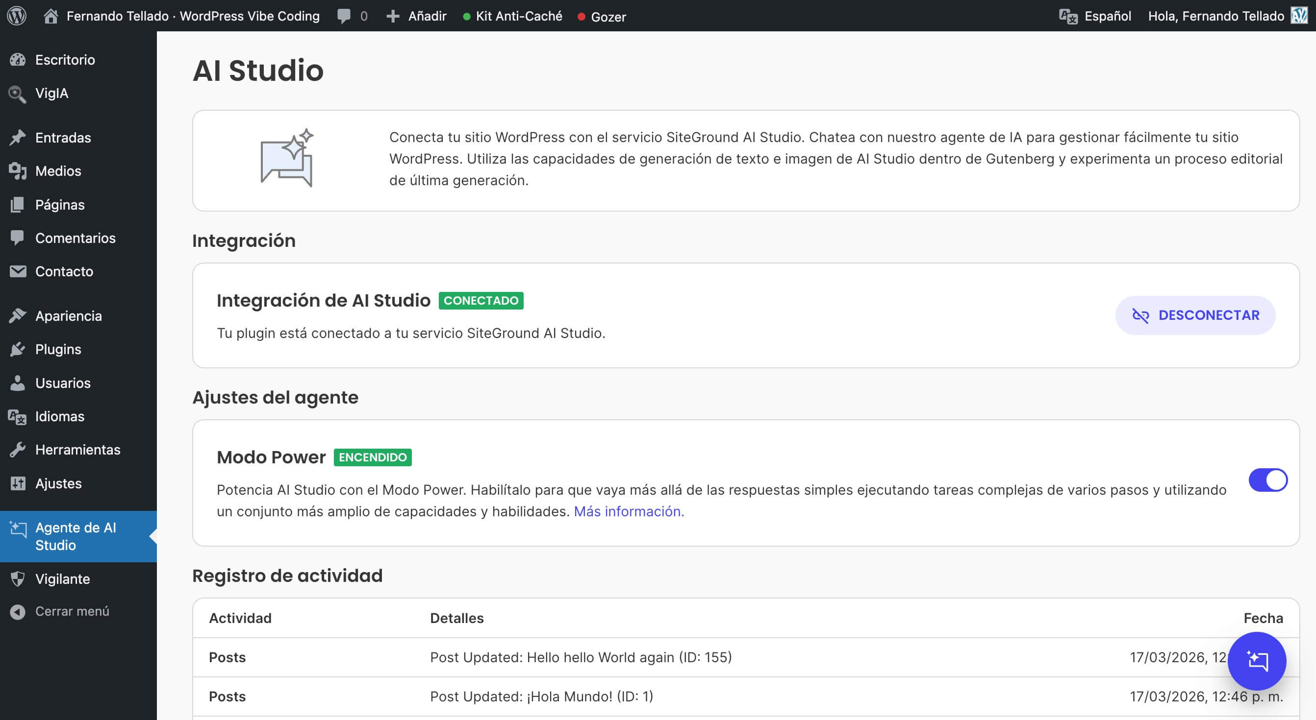 captura de pantalla del panel de ajustes de AI Studio en WordPress, donde se puede activar el Modo Power