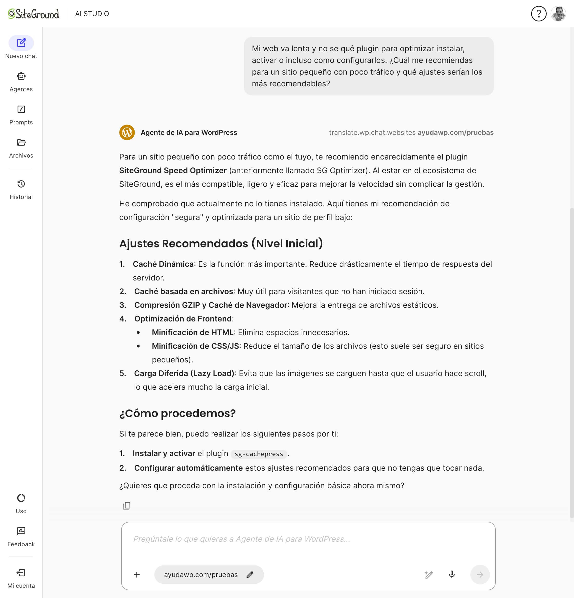 captura de pantalla del chat de SiteGround AI Studio recomendando ajustes para optimizar una web