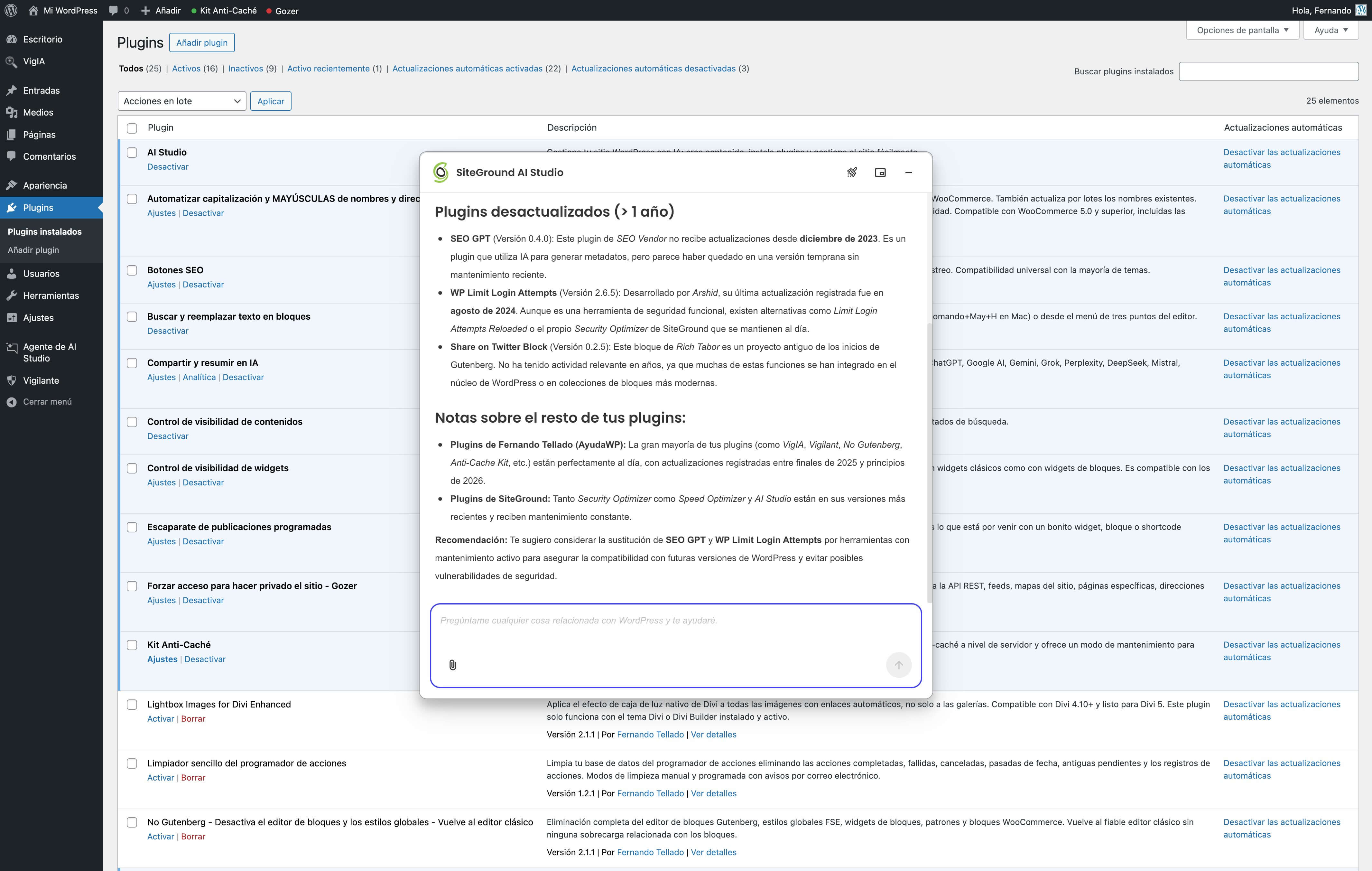 captura de pantalla del plugin SiteGround AI Studio dando en resumen de los plugins desactualizados y activos en WordPress