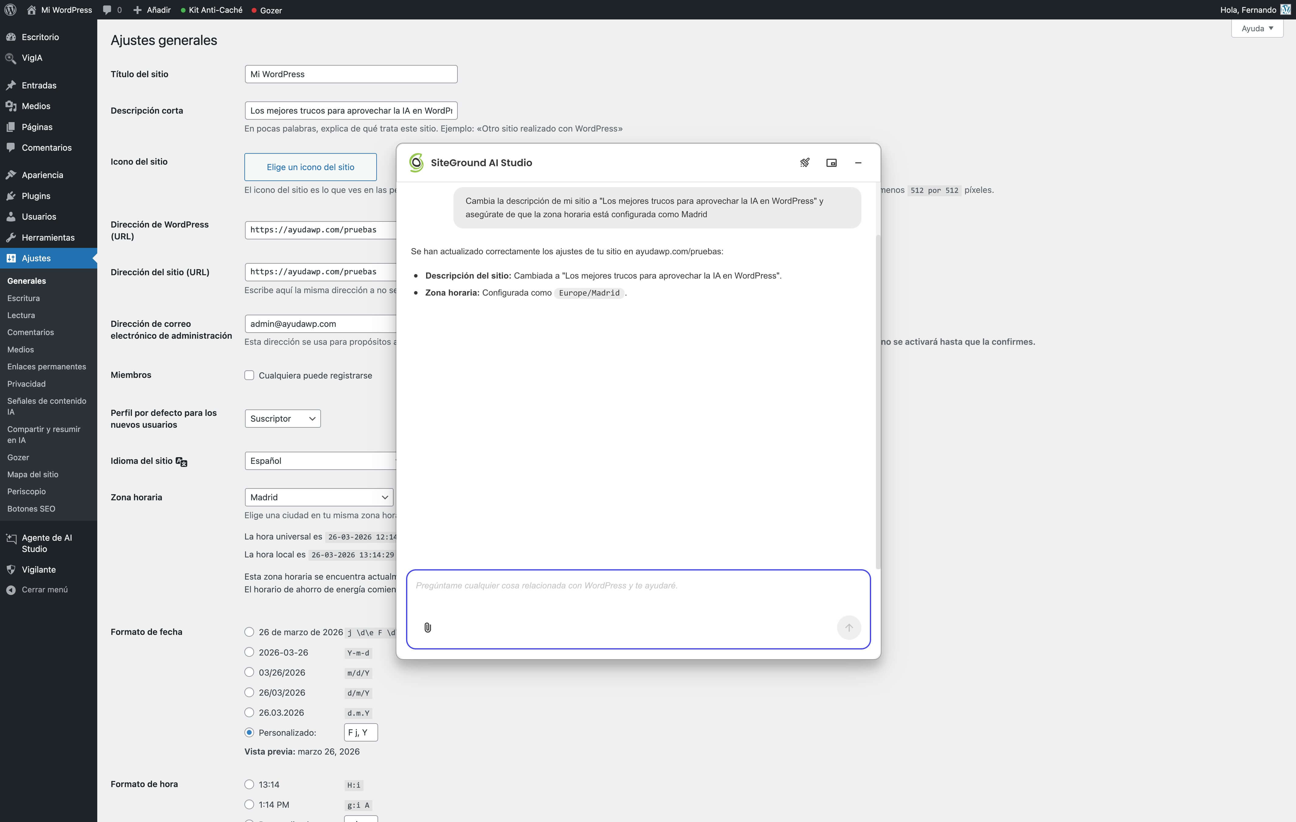 captura de pantalla del plugin de SiteGround AI Studio