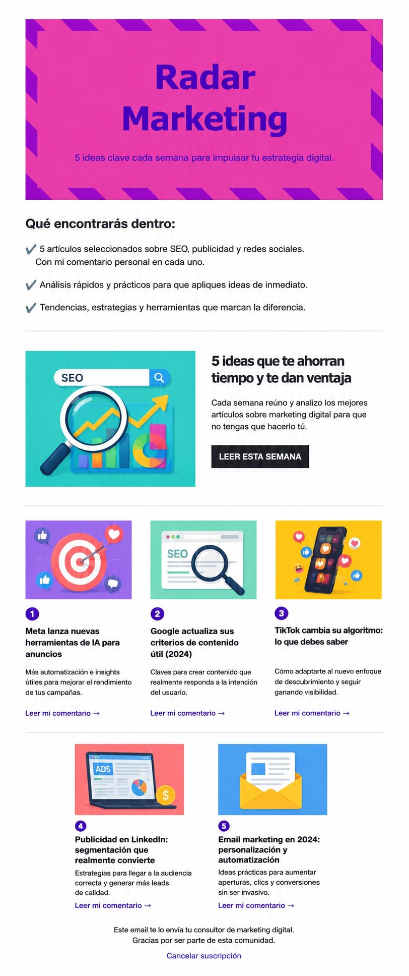 captura ejemplo newsletter curación