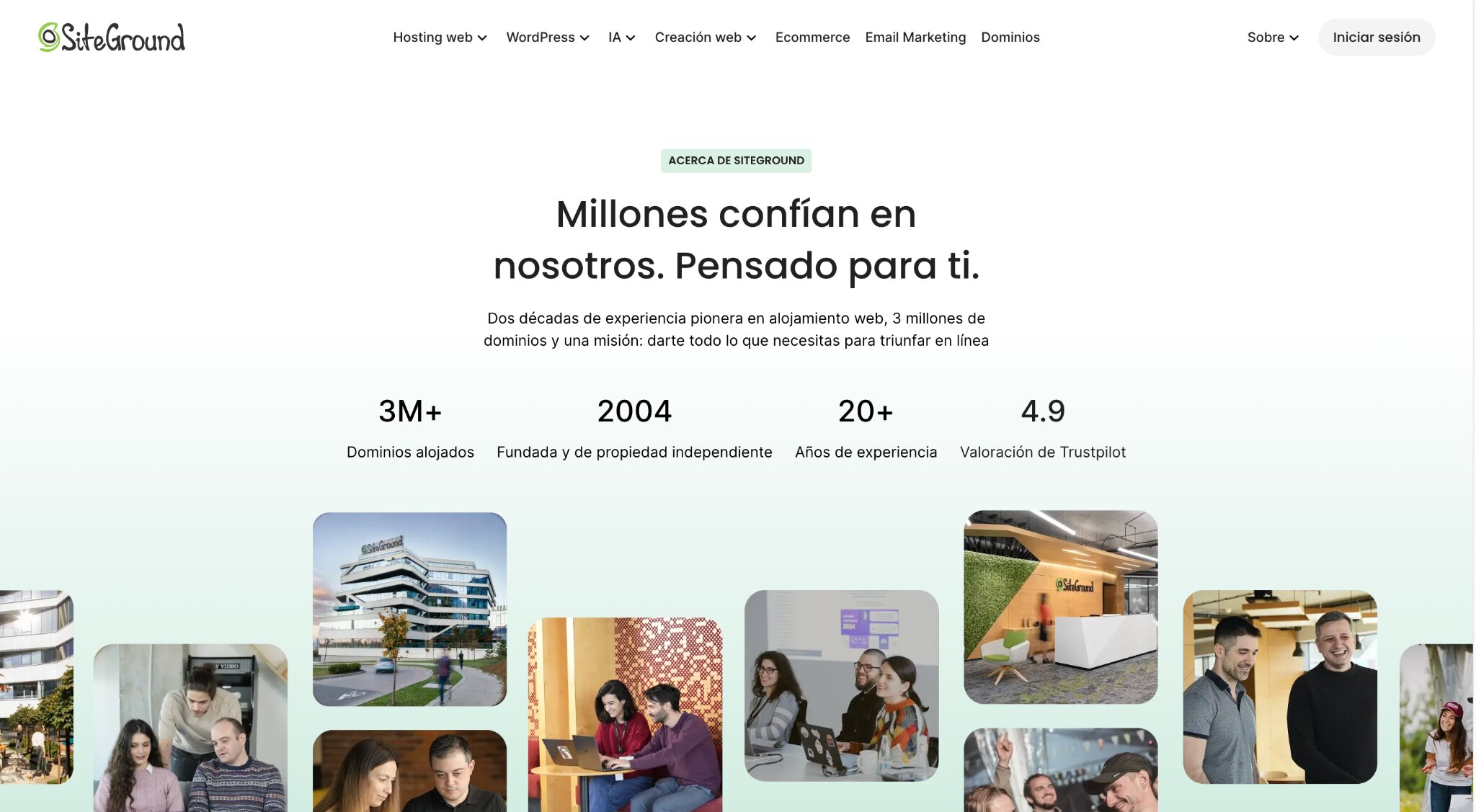 ejemplo de la estructura de la pagina Sobre Nosotros de SiteGround