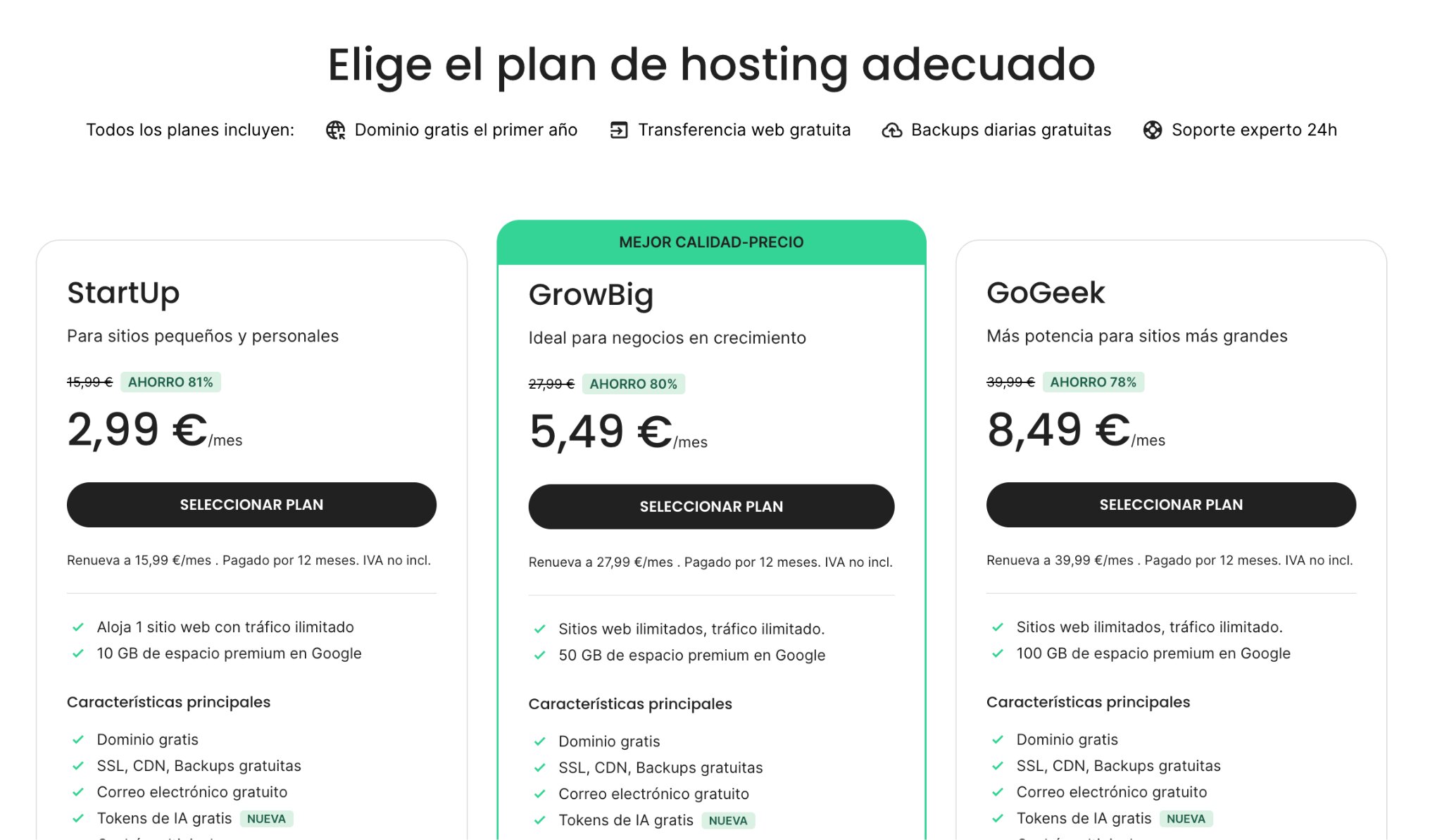 ejemplo de la estructura de la pagina de precio de hosting de SiteGround