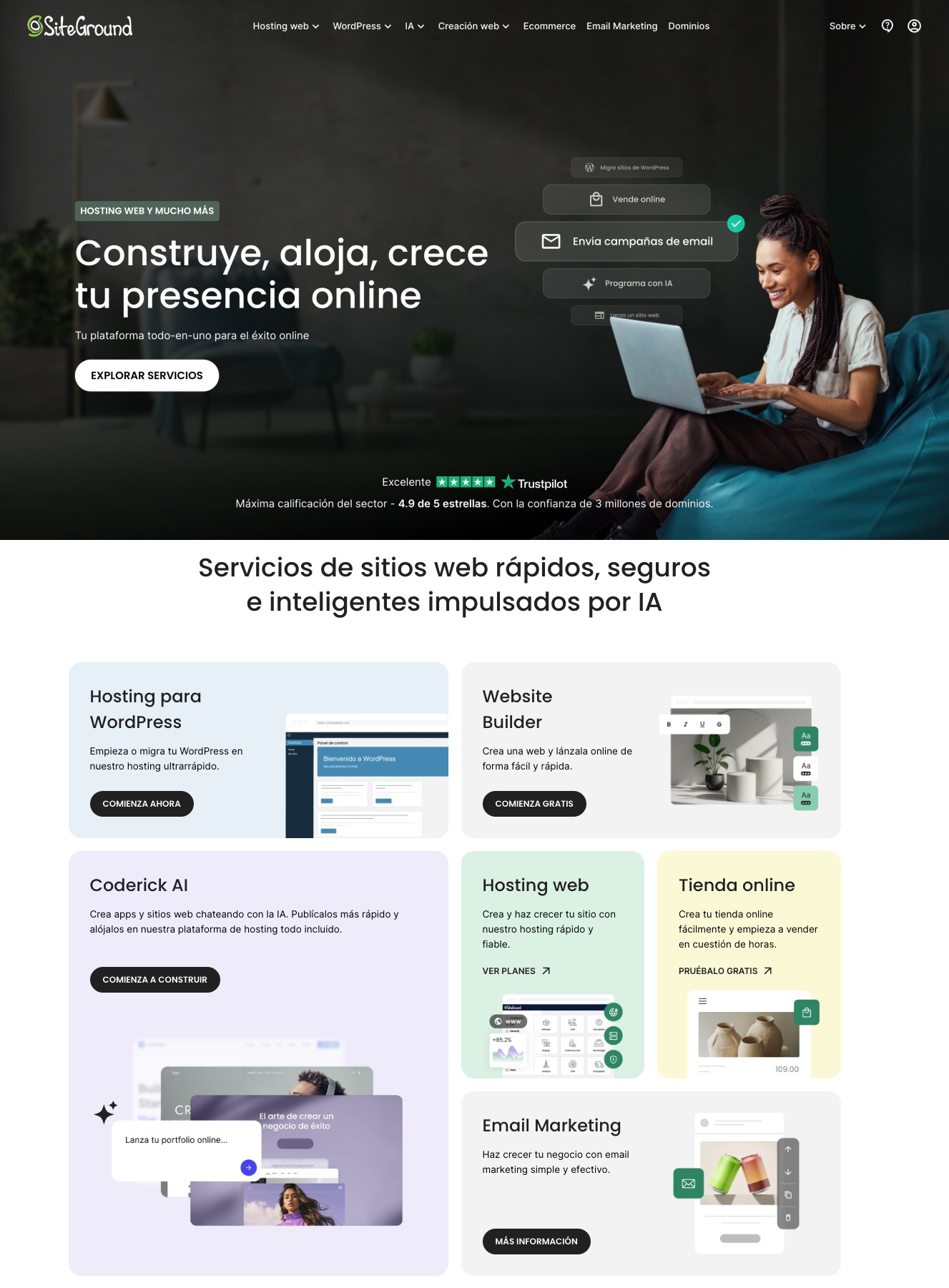 ejemplo de la estructura de la pagina de inicio de SiteGround