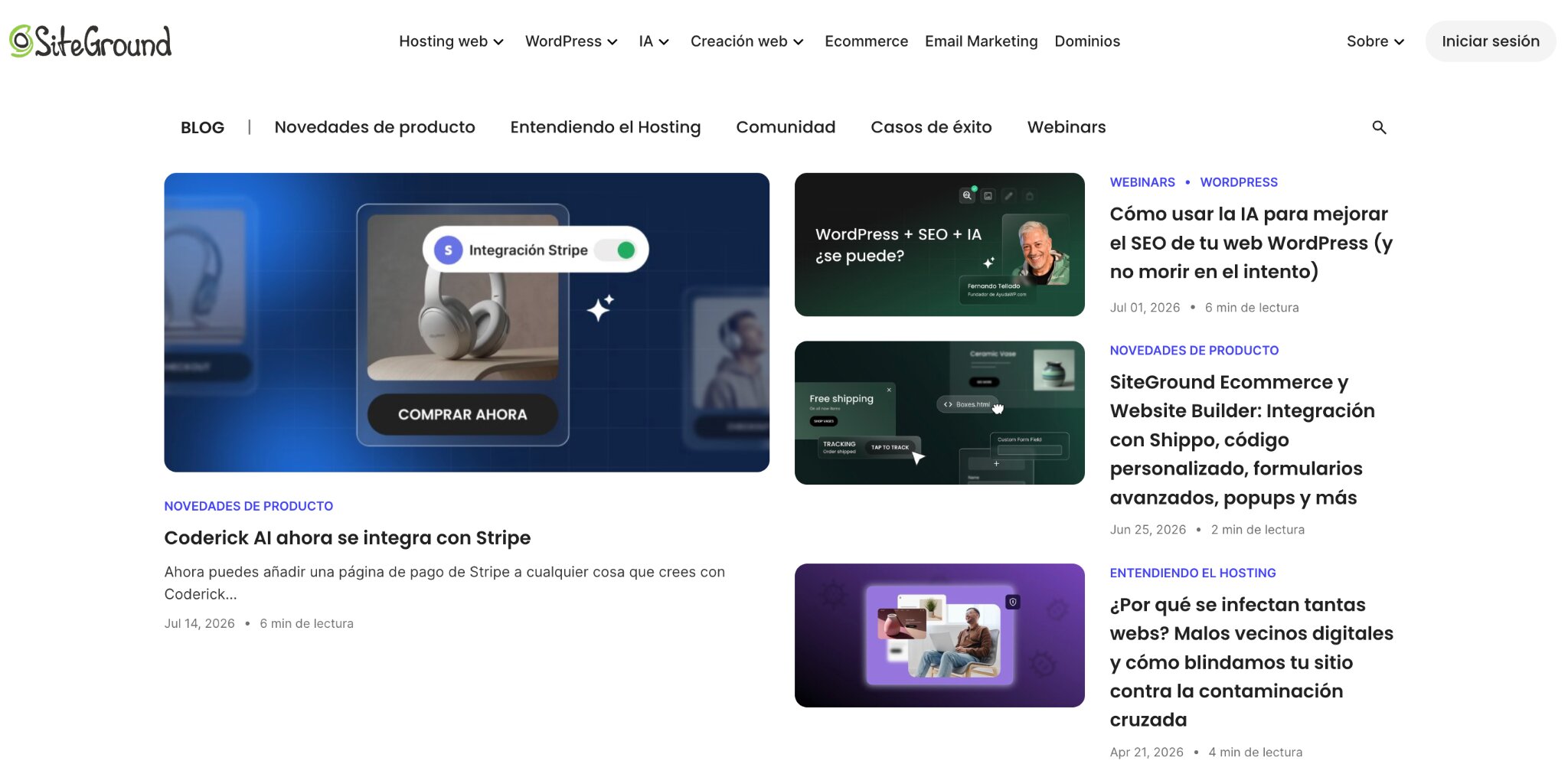 ejemplo de la estructura de la pagina de blog de SiteGround