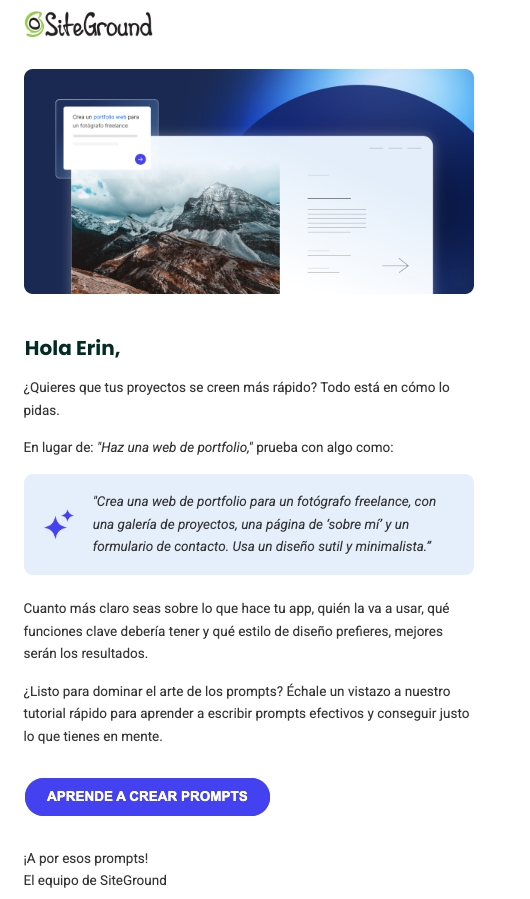 Ilustración que muestra un correo informativo de SiteGround con su estilo de presentación