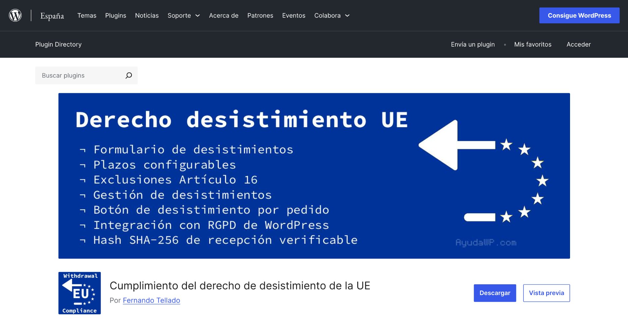 Plugin de WordPress de desistimiento de la UE de Fernando Tellado