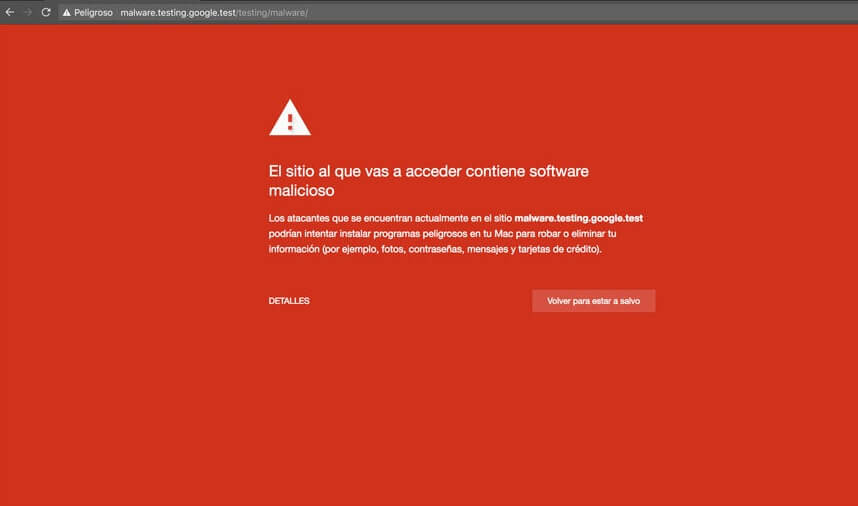 captura de pantalla del aviso de sitio no seguro de Google