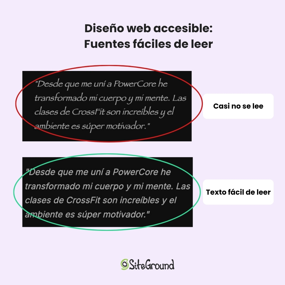 Comparación entre una tipografía difícil de leer y otra más legible en una página web.